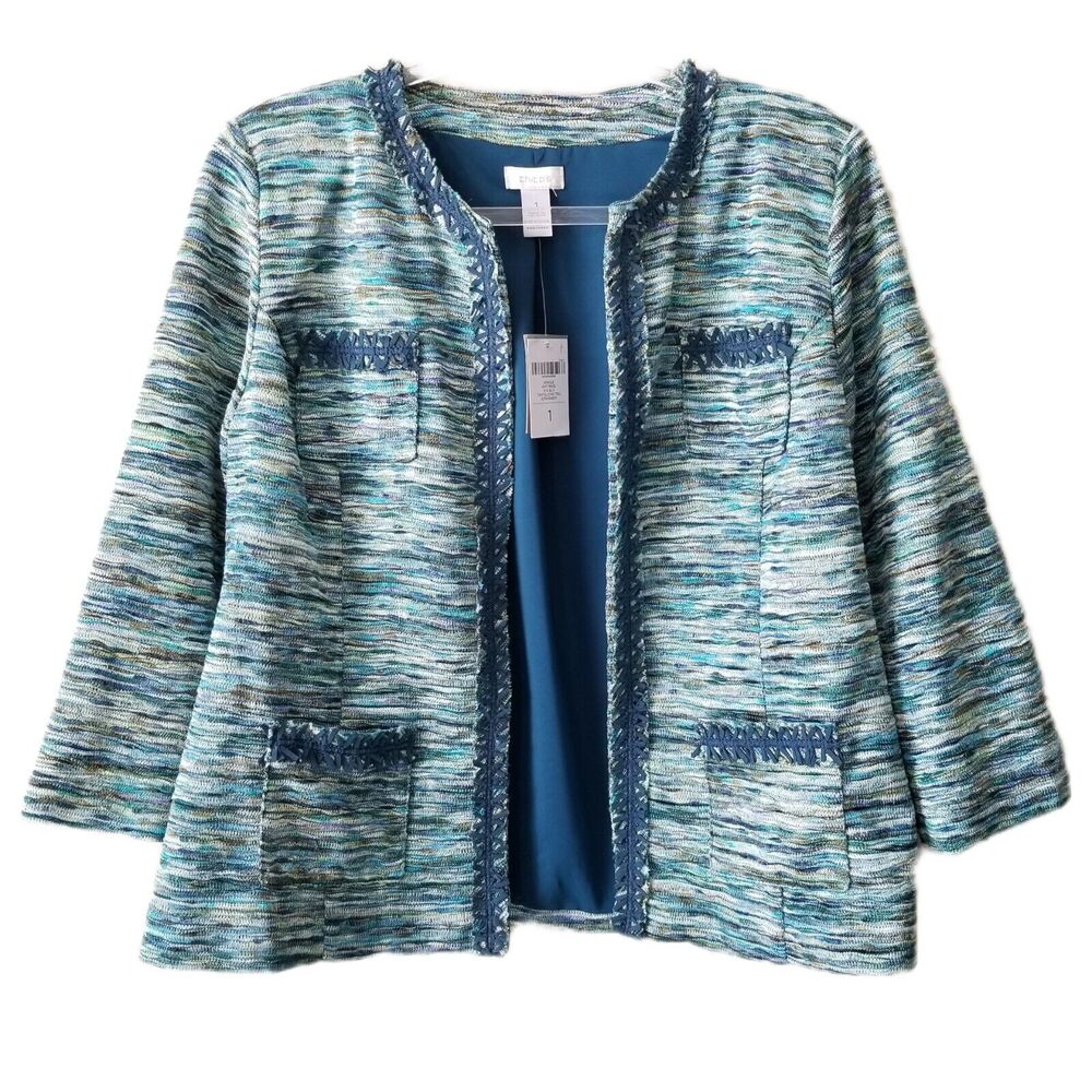Chicos Blue Tweed Blazer Jacket M 1 Tailored Career Fall Modern Classic NEW